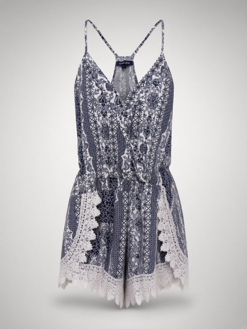 White/Blue Italian Motif Pattern Crochet Lace Trim Adjustable Straps Romper